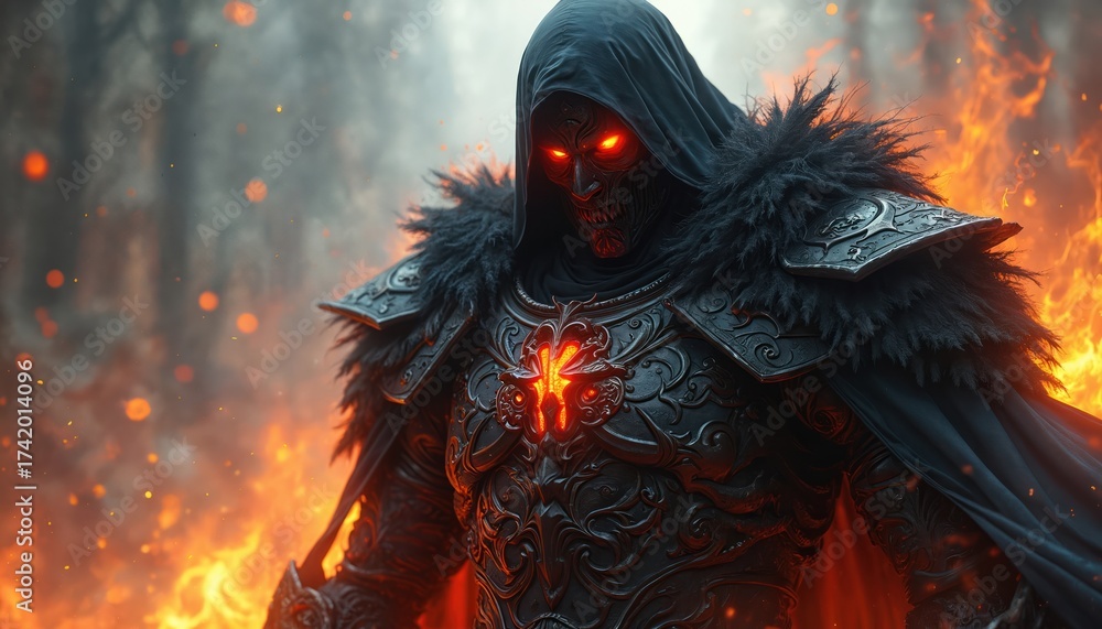 Dark fantasy warrior in ornate armor stands amidst fire, embers. Face ...