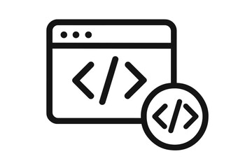 Programming code icon. Web development symbol. Browser window with HTML tags. Software engineering concept. App development sign. Script, coding, data vector line illustration.