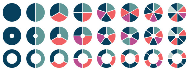 Wall Mural - Set of colorful pie charts. Colorful pie charts with varying segments. Circle section graph. Pie chart set. Pie charts diagrams. Different color circles. donut and pie chart infographic elements set.