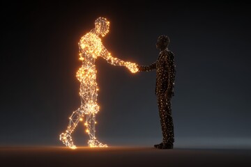 Abstract glowing wireframe of a humanoid robot shaking hands with a human.