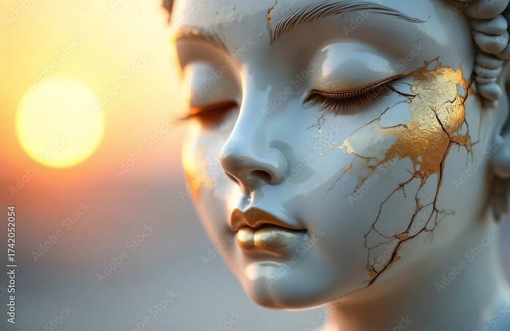Cracked ceramic face statue restored with gold, kintsugi art. Serene ...