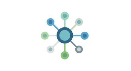 Interconnected Circular Network Displaying a Web of Communication and Information, Featuring Varied Blue and Green Tones, Linking Concepts and Data