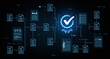 © ImageFlow - Digital document certification concept with checkmark badge and networked data files on futuristic interface background in glowing blue design style. 3D Rendering