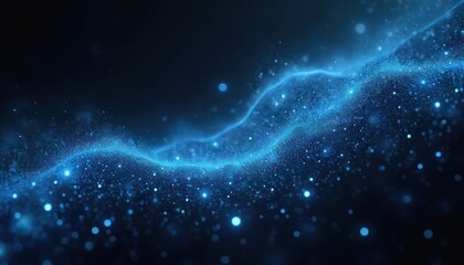 Wall Mural - Abstract blue glowing particles flow in dark space. Digital waves of light create a cosmic nebula effect. Futuristic background with bokeh lights.