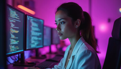 Woman coder intensely works on complex code in dimly lit room with neon pink glow. Multiple monitors display programming scripts. Focused female developer at high-tech workstation late at night,