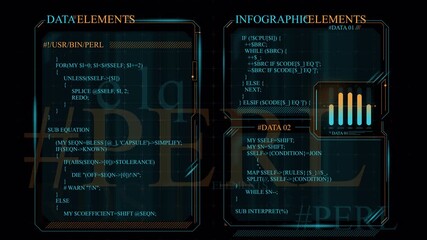 Dynamic Glowing Futuristic HUD Interface Displaying Evolving Data, Code, and Infographic Elements