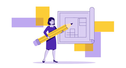 Architectural Design Illustration Featuring A Woman And An Oversized Pencil For Creative Planning