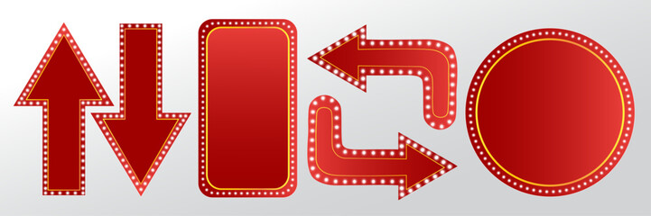 Red arrow direction icons and geometric shapes vector set for festive design, Diwali and celebration banner, flat red neon style arrows and round shapes for digital art, poster and web decoration