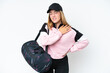© luismolinero - Young sport caucasian woman with sport bag isolated on white background suffering from pain in shoulder for having made an effort