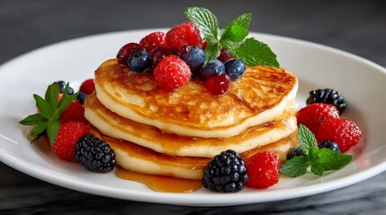 Wall Mural - Pancakes stacking with fresh berries and maple syrup