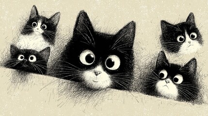 Naklejka na meble Black and White Cat Peek-A-Boo: Funny Characters Set with Cute Emotional Domestic Animal. Hiding, Hunting, Playing, Sitting, and Lying Concepts in Hand-Drawn Vector Illustration.