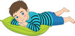 © Shahariar's World - Cute cartoon boy lying on green pillow, relaxing child illustration, happy smiling kid resting, leisure, sleep, relaxation, childhood, comfort