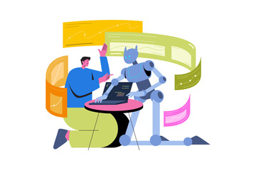 Robot and Man Collaborating on Laptop with Transparent Background and Abstract Shapes in Flat Vector Illustration for AI Business Solutions