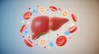 © narumiaegis - 3D illustration of the human liver, a vital organ for detoxification and metabolism, surrounded by red blood cells and other elements, symbolizing its critical role in maintaining body health