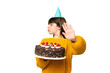 © luismolinero - Little girl holding birthday cake over isolated chroma key background making stop gesture and disappointed