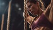 © Evgenia - Side view of woman performing rope climbs in indoor gym, muscles tense, strong athletic pose, cinematic lighting, detailed realistic gym equipment, horizontal composition