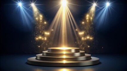 Wall Mural - A golden, tiered stage illuminated by spotlights against a dark background, creating a dramatic presentation.