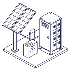 Wall Mural - Vector art of isometric illustration of a solar power system the system includes solar panels, an inverter, and a control panel, all connected by cables and wires