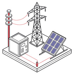 Wall Mural - Vector art of isometric illustration of a solar panel, power lines, transformer, and battery, showcasing renewable energy infrastructure a clean energy solution