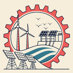 Wall Mural - Illustration of renewable energy sources within a gear, symbolizing the integration of wind turbines and solar panels for sustainable power generation and industrial innovation