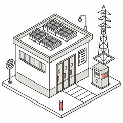 Wall Mural - Vector art of isometric illustration of a solarpowered electrical substation with a transformer and a power transmission tower, showcasing sustainable energy distribution and grid connectivity