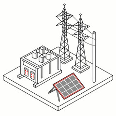 Wall Mural - Vector art of isometric illustration of a solar power plant the plant includes solar panels, a power station, and transmission towers, all connected by cables and wires