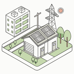 Wall Mural - Vector art of isometric illustration of a sustainable home with solar panels, a nearby apartment building, and a power line, showcasing ecofriendly living and renewable energy sources