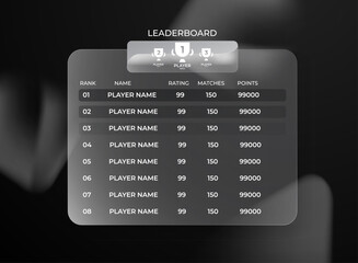 Dark glassmorphism leaderboard interface. Minimal and modern scoreboard panel with rating, matches, and points for mobile and pc game ui. Elegant clean futuristic ranking design template