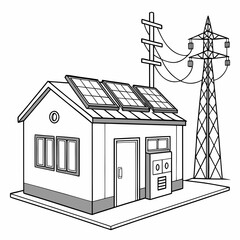 Wall Mural - Vector art of isometric illustration of a small building with solar panels on the roof, connected to a power pole and a transformer, clean energy concept