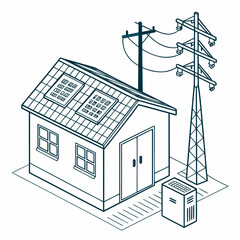 Wall Mural - Vector art of isometric illustration of a small house with solar panels on the roof, connected to a power pole and a transformer, renewable energy concept