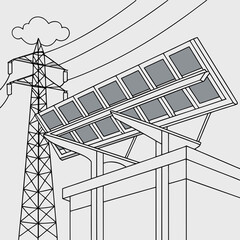 Wall Mural - Vector art of solar panel installation on a building roof near a power line tower, representing renewable energy integration with the electrical grid and sustainable infrastructure