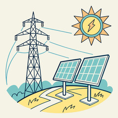 Wall Mural - Vector art of illustration depicting a solar power system connected to a transmission tower, symbolizing renewable energy integration into the electrical grid for a sustainable future