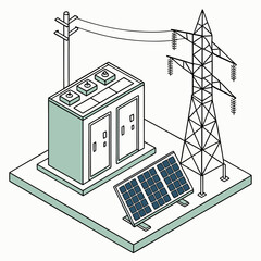 Wall Mural - Vector art of isometric illustration of a power grid setup combining solar energy and traditional electricity transmission, showcasing sustainable energy solutions and modern infrastructure