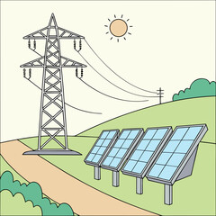 Wall Mural - Illustration of solar panels in a field with a power line tower and the sun, showcasing renewable energy and electricity generation