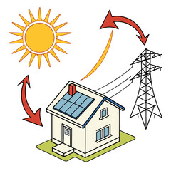 Wall Mural - Vector art of illustration depicting a house with solar panels connected to a power grid, showcasing renewable energy integration and sustainable living