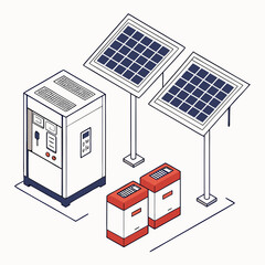 Wall Mural - Vector art of isometric illustration showcasing a solar power system with battery storage, depicting renewable energy solutions and selfsufficient power generation