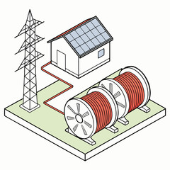 Wall Mural - Vector art of isometric illustration of a house with solar panels, cable reels, and a power tower, representing sustainable energy integration and distribution