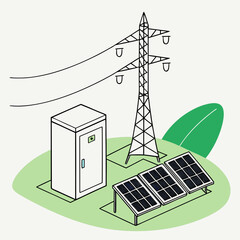 Wall Mural - Illustration of a solar power installation with a transformer cabinet, solar panels, and a power pole, showcasing sustainable energy generation