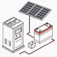 Wall Mural - Vector art of isometric illustration showcasing a solar power system with battery storage, depicting renewable energy solutions and selfsufficient power generation