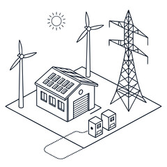 Wall Mural - Vector art of isometric illustration of a house with solar panels, wind turbines, and a power tower, showcasing renewable energy sources and distribution