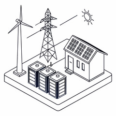 Wall Mural - Vector art of isometric illustration of a sustainable energy system, featuring solar panels, wind turbine, power lines, and battery storage for ecofriendly power generation