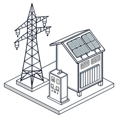 Wall Mural - Vector art of isometric illustration of a solar power system, featuring solar panels, power lines, and a control unit for sustainable electricity generation