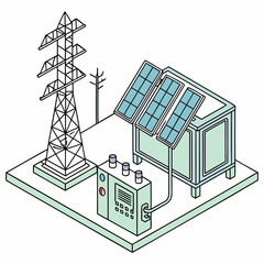 Wall Mural - Vector art of isometric illustration of a solar power system, featuring solar panels, power lines, and an energy storage unit for sustainable electricity generation