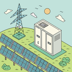 Wall Mural - Vector art of isometric illustration of a solar power plant with solar panels, a transformer, and a transmission tower, highlighting renewable energy infrastructure and sustainable power generation
