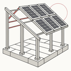 Wall Mural - Vector art of isometric illustration of a solar panel structure with a tiled base and a sun in the background renewable energy concept for sustainable living