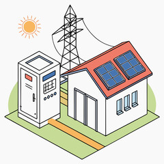 Wall Mural - Vector art of isometric illustration of a house with solar panels on the roof, connected to an electrical transformer and a power line tower, with the sun shining in the background