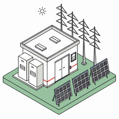 Wall Mural - Vector art of isometric illustration depicting a modern energy substation with solar panels and power lines, representing renewable energy integration and distribution