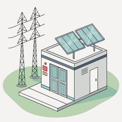 Wall Mural - Vector art of isometric illustration showcasing a sustainable energy infrastructure with solar panels on a building and power lines, symbolizing clean energy generation and distribution