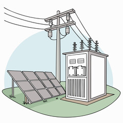 Wall Mural - Illustration of a solar panel installation next to a power transformer, symbolizing the integration of renewable energy sources into the electrical grid