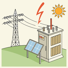 Wall Mural - Vector art of illustration depicting a sustainable energy system with solar panels, a transformer, and a power line, showcasing renewable energy sources and electricity distribution